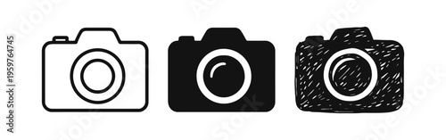 Photography Camera Icon Set, Digital Photo Capture Symbol in Outline, Solid, and Doodle Styles.