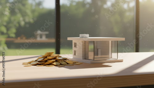 Miniature modern house model beside stack of coins on wooden table