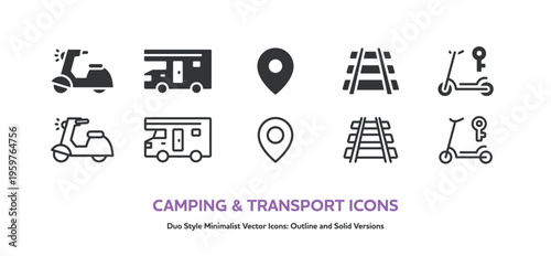 キャンピングカーやスクーターなど旅行や移動のアイコンセット。線画と塗りのベクター素材