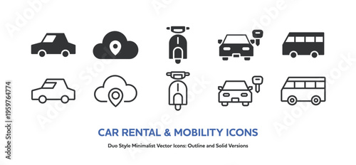 車やバスなどの乗り物と、位置情報やセキュリティのアイコンセット。線画と塗りのベクター素材