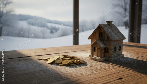Small wooden house model and coins on snowy table, with winter landscape outside