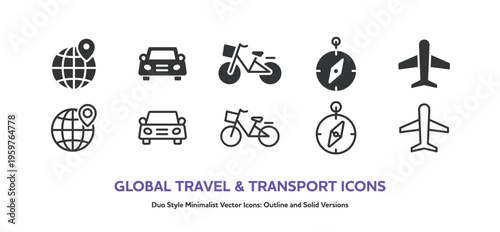 飛行機や自動車、地球儀など海外旅行と日常の交通手段のアイコンセット。線画と塗りのベクター素材