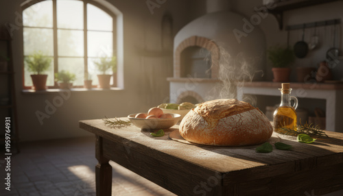 Freshly baked bread on rustic kitchen table with warm sunlight