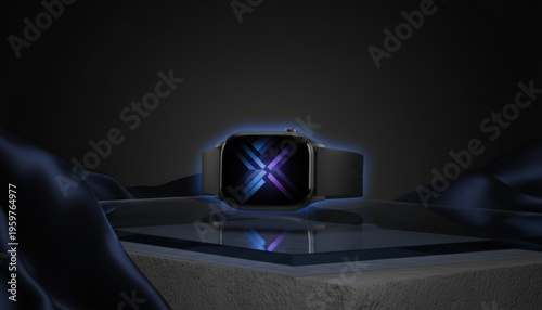 Sleek smartwatch with glowing display on reflective surface