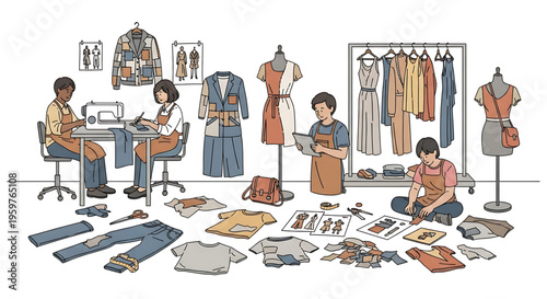 A group of fashion designers working together in a studio, creating and sewing clothes