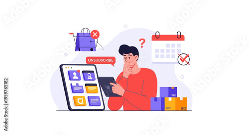 Man Deciding to Unsubscribe: Online Subscription Cancellation, Account Management, and Customer Churn Concept