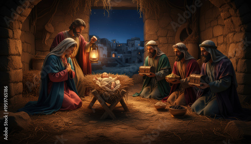Nativity scene with baby Jesus, Mary, Joseph, and wise men offering gifts
