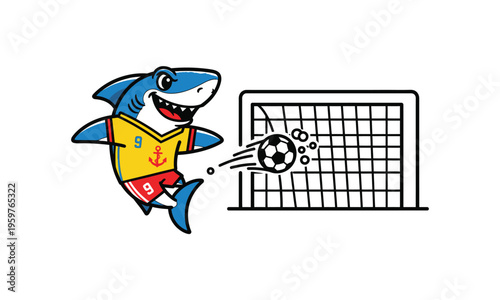 Happy shark cartoon character kicking soccer ball into goal net
