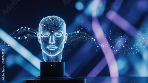 Digital human head, glowing, on stand, with abstract light patterns
