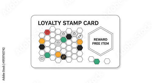 A loyalty stamp card with a hexagonal grid and reward free item icon, used for customer retention and marketing strategy