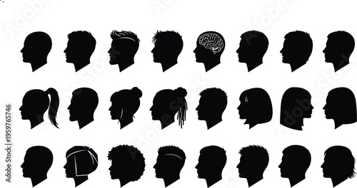 Vector Illustration of Diverse Human Profile Silhouettes Featuring Various Hairstyles and Gender Identities with a Stylized Brain Concept for Psychology Mental Health and Identity Design
