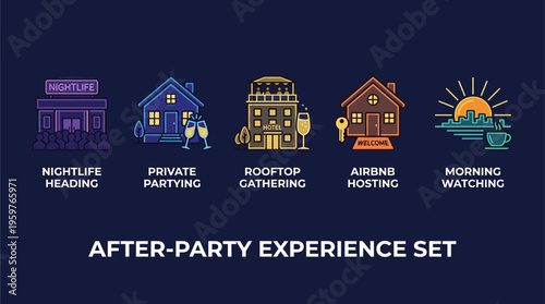 A set of icons represents different after-party experiences like nightlife, private partying, rooftop gatherings, Airbnb hosting, and morning watching.