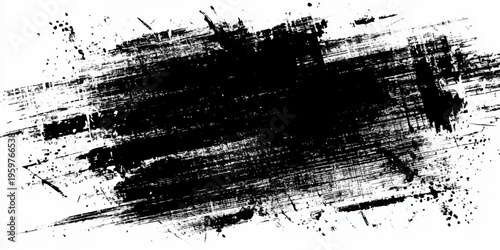 Abstract black ink splat on a grunge vector texture featuring a dirty brush stroke border and vintage paint splatter element for a rough paper banner design illustration