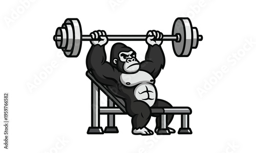 Strong gorilla weightlifting on a bench press, depicting immense power