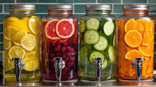 Beautiful and inviting station with healthy fruit infused water filled in glass jar offering refreshing beverage for daily hydration