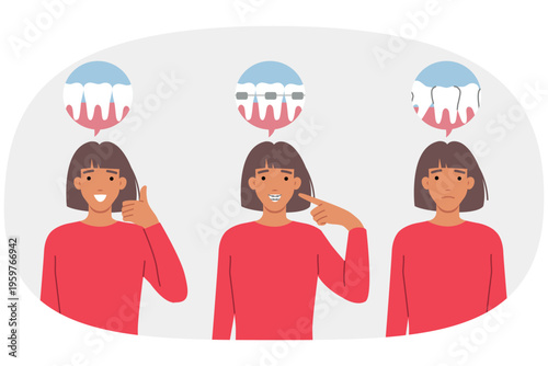 Using dental braces to get rid of crooked teeth and give woman beautiful, snow-white smile. Sad girl feels pride and positivity after wearing dental braces recommended by orthodontist