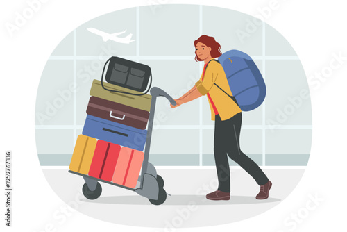 Woman tourist walks through airport with luggage bags in trolley, heading to check-in for flight. Girl is located in airport terminal, first enjoying vacation and opportunity to travel by plane