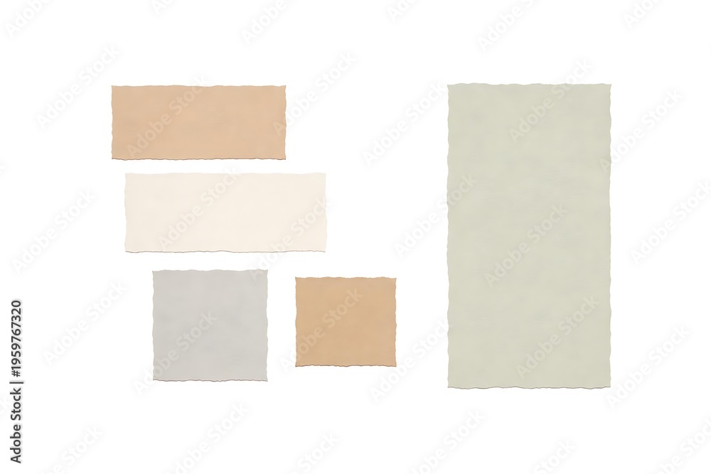 Fototapeta premium Assorted neutral paper scraps with deckle edges arranged on a white background for design mockups.