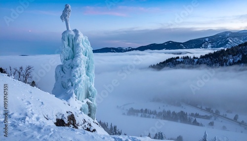 Frozen Waterfall Landscape in Winter Mountains.