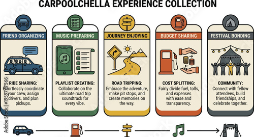 A collection of icons illustrates the carpooling experience for a festival, covering friend organizing, music preparing, journey enjoying, budget sharing, and festival bonding.