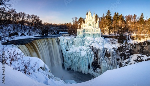 Frozen Waterfall Landscape in Winter Forest.