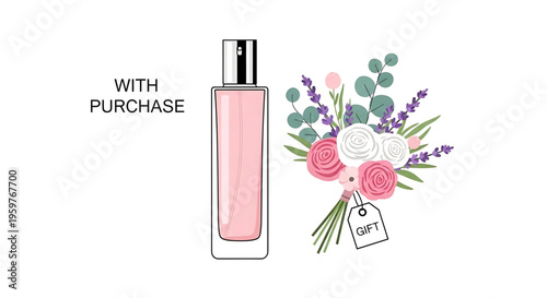 A minimalist vector graphic illustration of a perfume bottle with a bouquet of flowers and a gift tag, symbolizing a free gift with purchase.