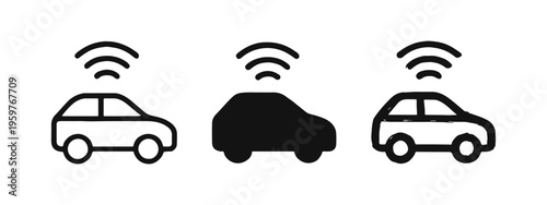 Smart Car with Wireless Signal Icons Set - Connected Vehicle Technology