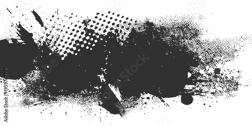 A dirty black ink splat and grunge paint splatter texture creates a stained vector design element with an artistic liquid drip and brush spray blot pattern on a white background silhouette