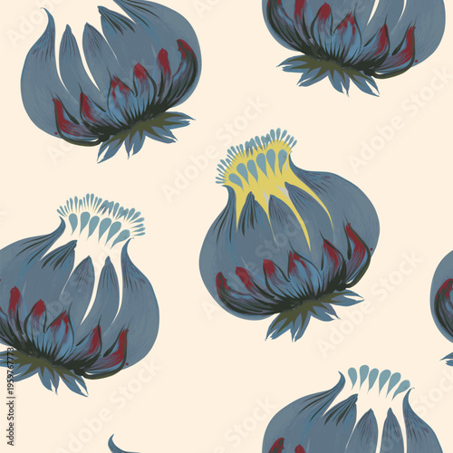Vector seamless pattern from hand painted ornate blue flowers on a beige background