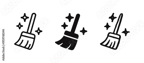 Clean Sweep Icons: Hand-drawn Doodle Style Brooms with Sparkles Symbolizing Tidiness and Freshness