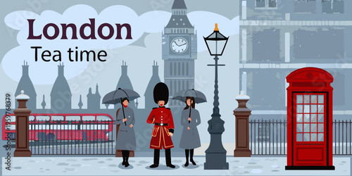 London illustration featuring big ben guards and a traditional red phone booth