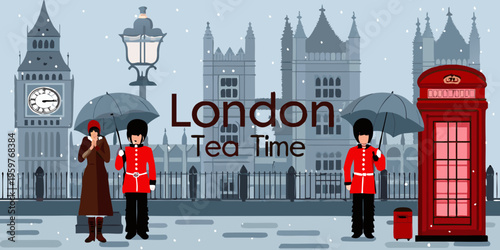 A stylized illustration of iconic landmarks and scenes in london