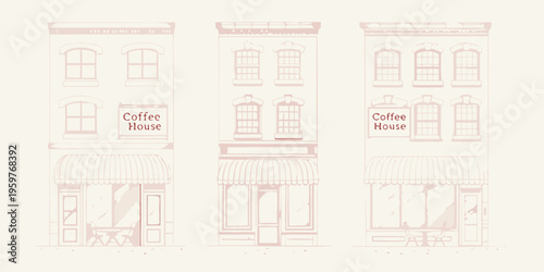 A row of three vintage coffee houses with simple architectural details