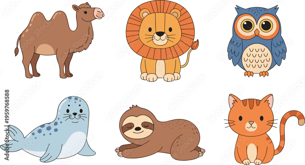Fototapeta premium Cute Cartoon Animal Collection Featuring Camel, Lion, Owl, Seal, Sloth, and Cat Vector Illustration for Kids Education, Nursery Design, and Wildlife Themes.