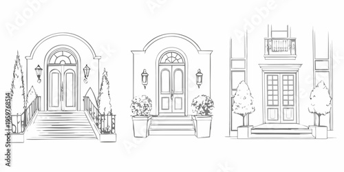 Sketch of three ornate doorways with architectural details and landscaping