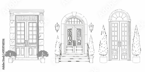 Sketch of three ornate doors with flanking greenery and architectural details