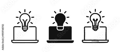 Laptop with Lightbulb Icons Set - Idea and Innovation in Technology