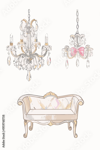 Elegant chandeliers and a vintage sofa in a sketched style illustration