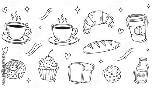 Breakfast and bakery doodle icons set with coffee croissant bread pastry vector illustration isolated on white background