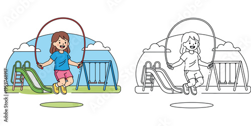 Happy Cartoon Girl Skipping Rope at Playground - Outdoor Kids Activity