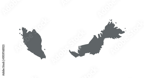A stark black silhouette depicting the landmasses of borneo island against a white backdrop high quality
