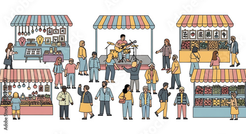 A vibrant outdoor market scene with people shopping and socializing around colorful vendor stalls