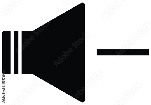 Black speaker icon with minus sign isolated on white background symbol for volume decrease audio music reduction and multimedia playback settings interface.