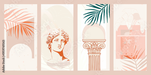 Aesthetic collage featuring classical busts palm leaves and architectural elements