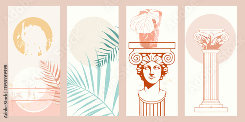 Abstract composition featuring classical busts columns and botanical elements