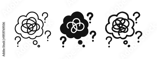 Confusion and Problem Icons: Tangled Thought Bubbles with Question Marks in Doodle Style
