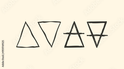 Alchemy elements vector illustration set with fire water air and earth symbols. Hand drawn minimalist alchemy triangle icons with rustic ink texture and block print style.