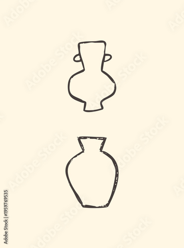 Hand drawn ancient pottery vector illustration with rustic vase and amphora outline. Minimalist black ink clay vessel icons with archaeological antique folk art style.