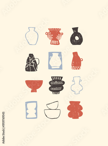 Ancient pottery vector illustration set featuring rustic terracotta vases and ceramic artifacts. Hand drawn archaeological clay vessels with grainy texture and historical folk art patterns.