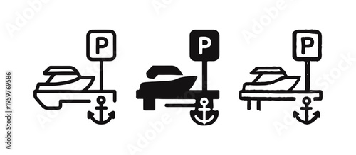Marina and Boat Parking Icons: Nautical Symbols with Boats, Parking Signs, and Anchors